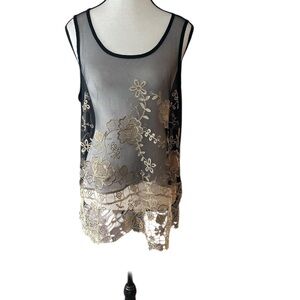 dressbarn Black Sheer Camisole with Gold Floral Lace